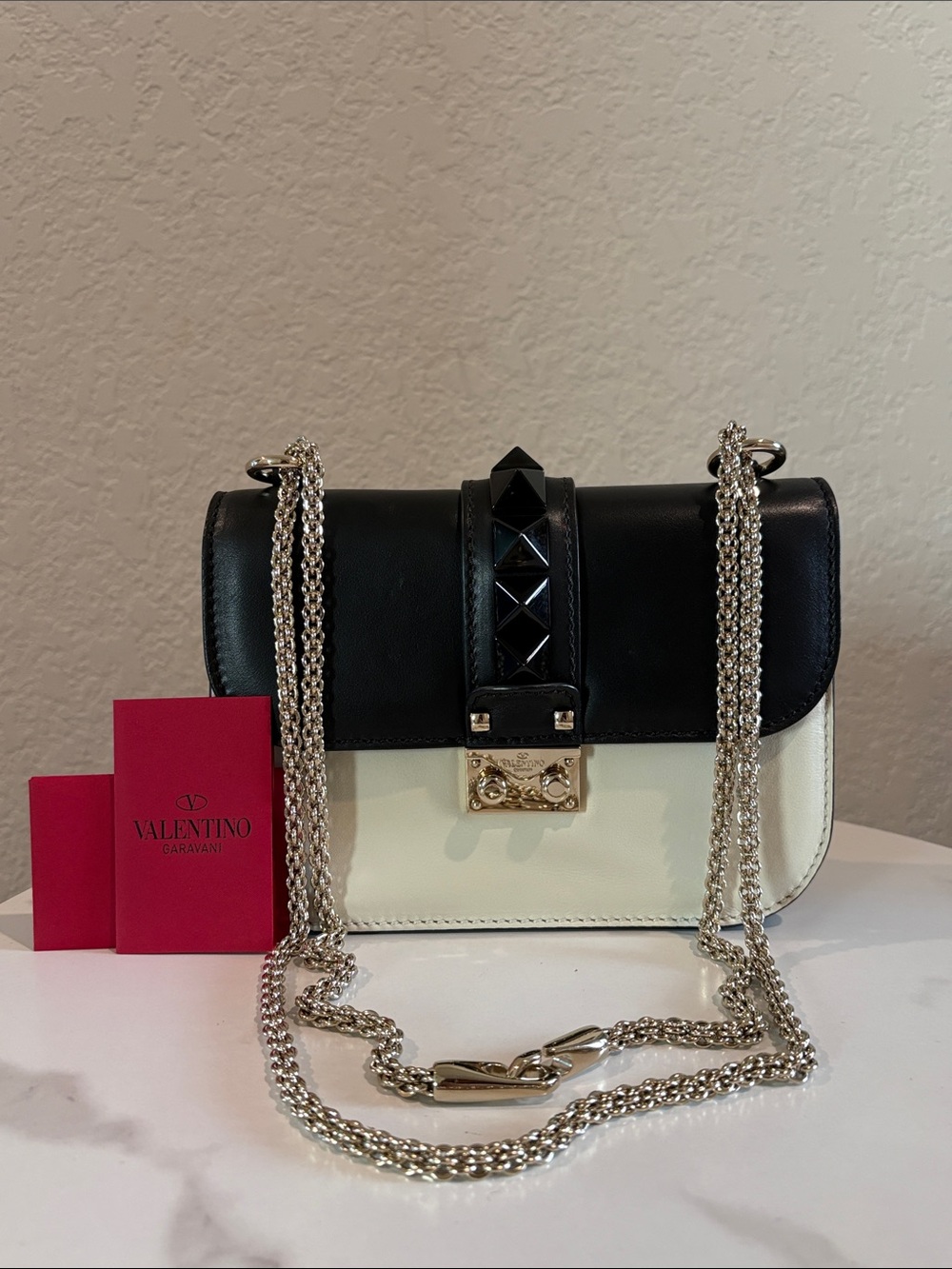 Valentino Garavani Black and Cream Stud-Accent Crossbody Bag